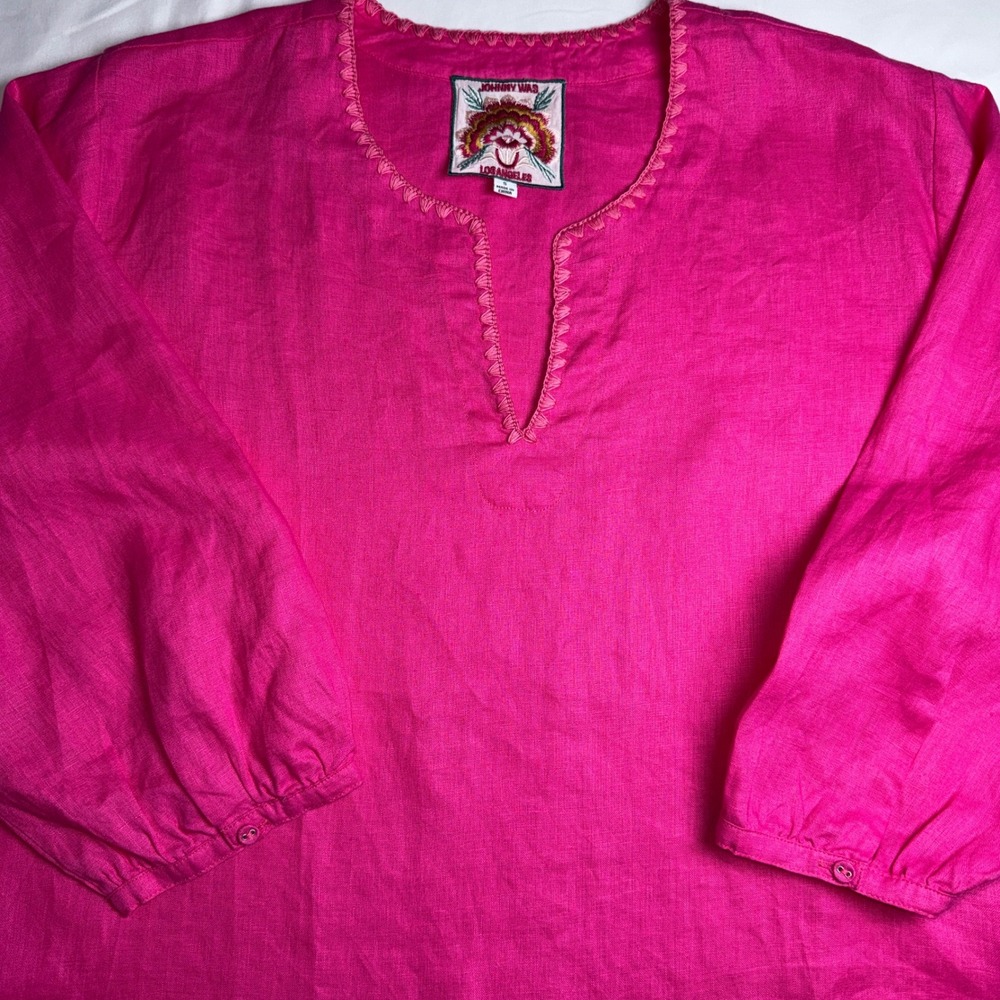 Johnny Was Los Angeles Hot Pink Linen Tunic Top Split Neck Embroidered Small